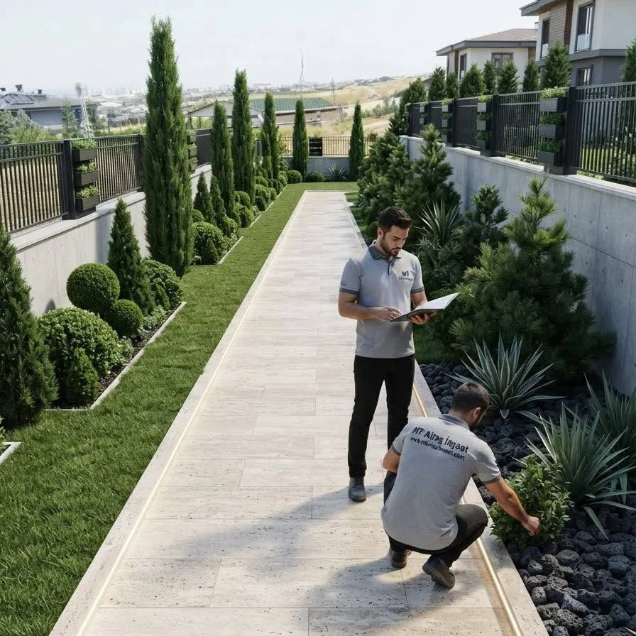 Yıkanmış tozsuz beyaz mermer taşı ve bahçe peyzaj dekorasyon uygulaması