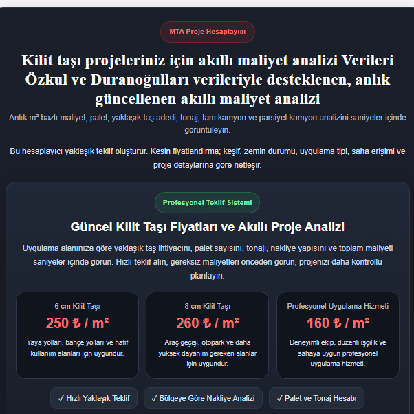 Kilit Taşı Metrekare, Palet, Kum ve Maliyet Hesaplama Aracı Ücretsiz | MT Altaş ProMetraj v21