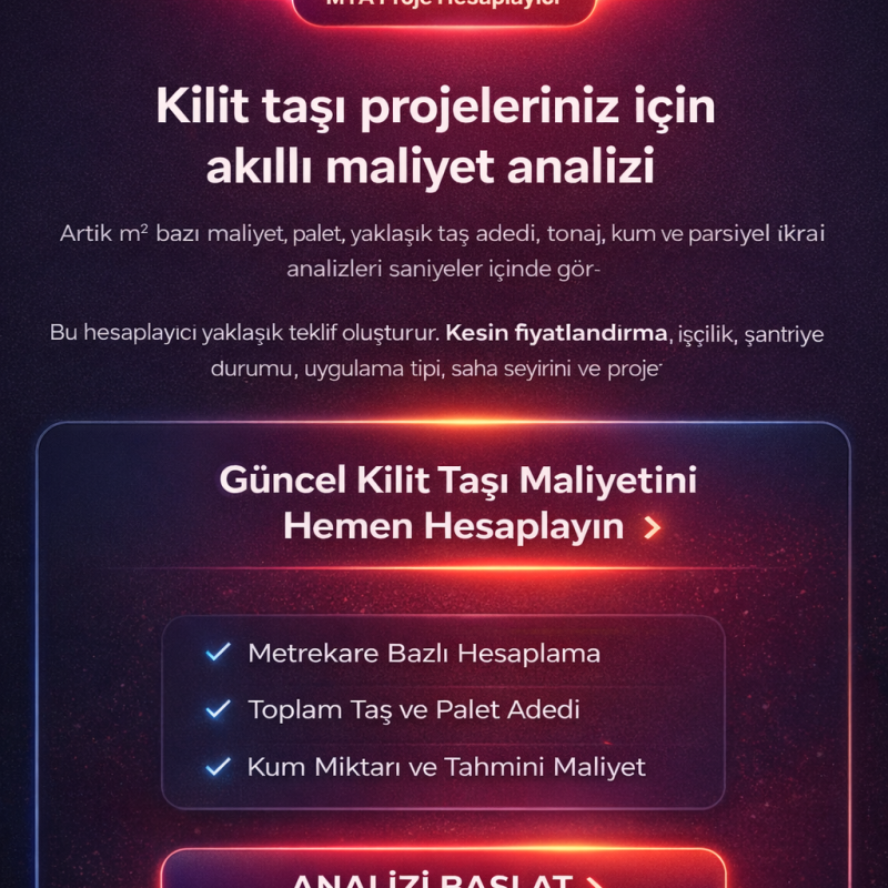 Kilit Taşı Metrekare, Palet, Kum ve Maliyet Hesaplama Aracı Ücretsiz | MT Altaş ProMetraj v21